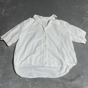 Uniqlo Shirt Womens Small Ivory Linen Blend Short Sleeve Button Front Top Crop